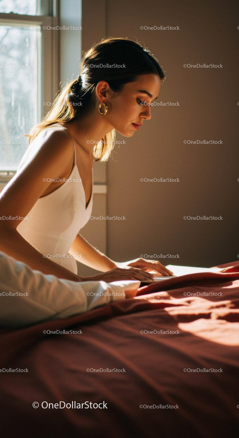 Elegant Woman Reading Sunlit Bedroom Scene with Cozy Atmosphere