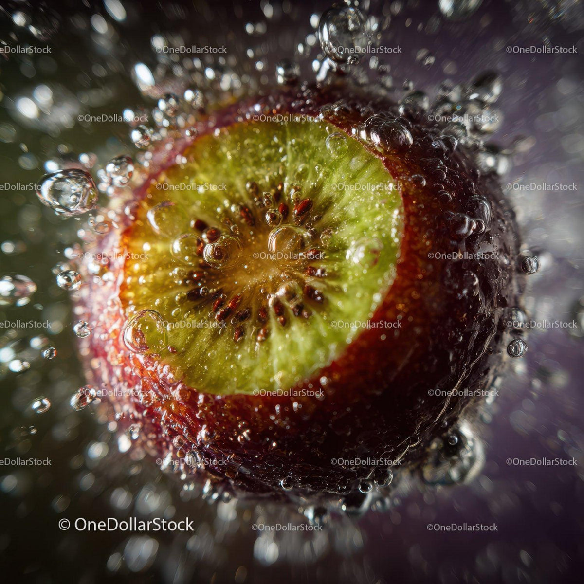 Close-up of Juicy Kiwi in Sparkling Water with Bubbles