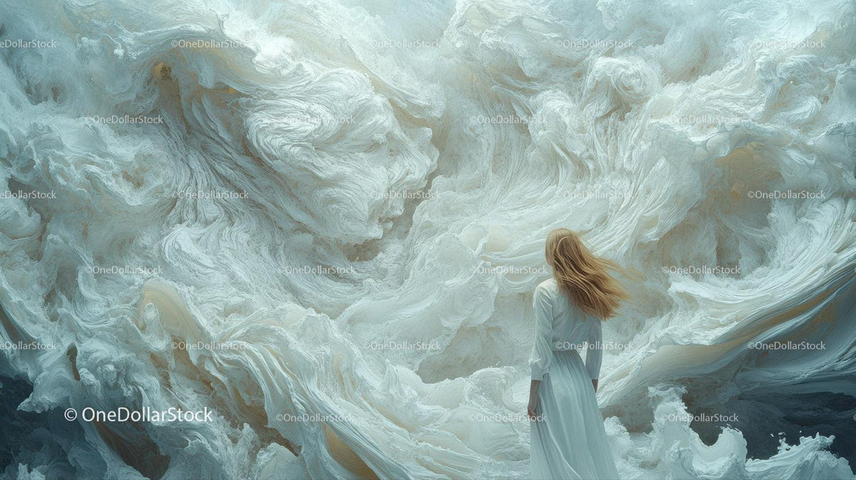 Figure in white dress facing swirling abstract cloud shapes in soft tones