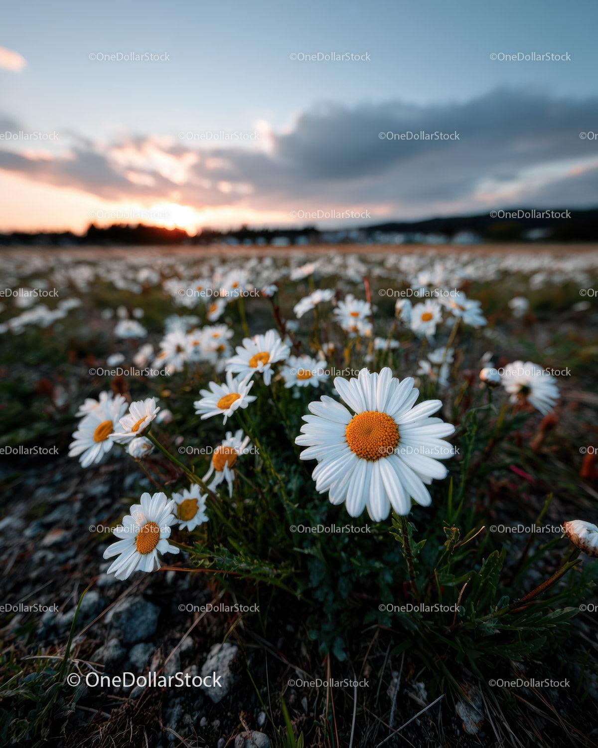 Wild Daisies Blooming in Meadow at Sunset Sky Stock Photo Bundle preview 26