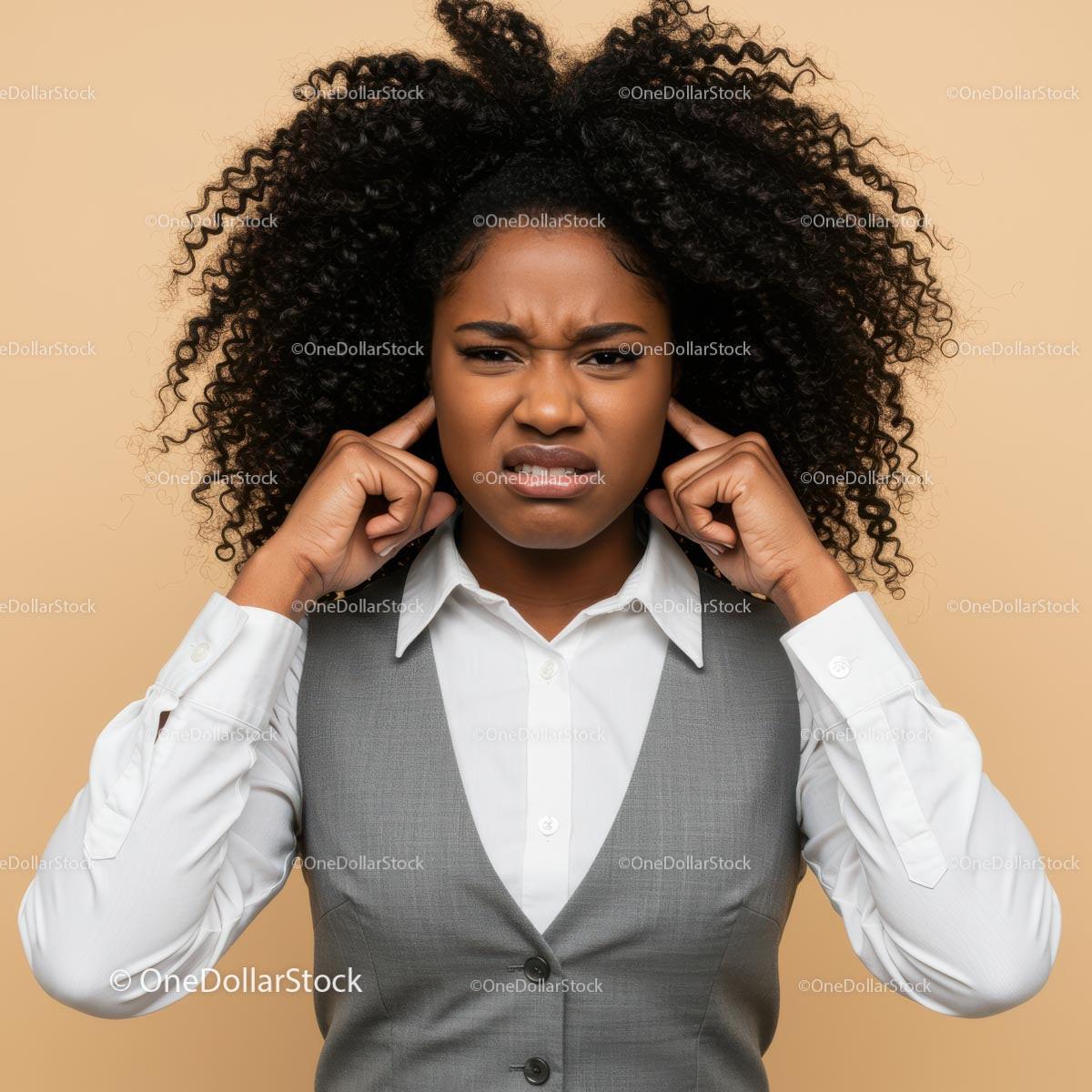 Frustrated Woman Covers Ears Against Noise in Business Attire Stock Photo Bundle preview 60