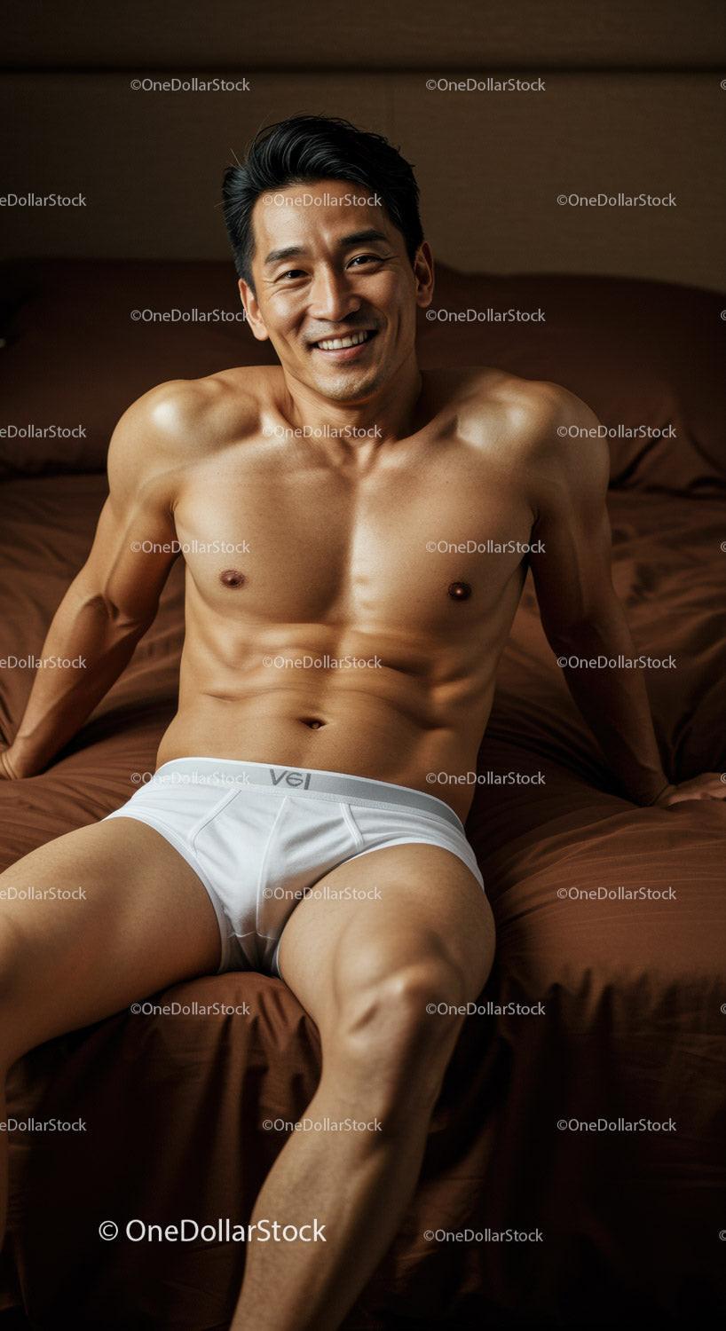 Smiling muscular man relaxing on brown bed linen