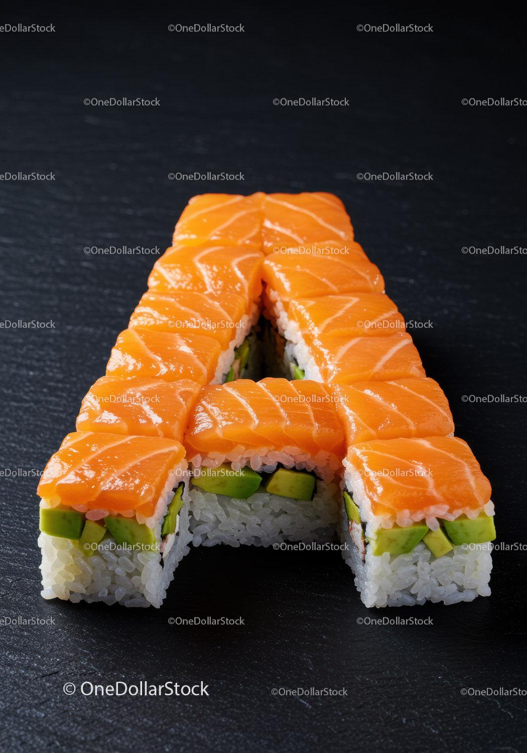 Alphabet sushi roll with fresh salmon and avocado