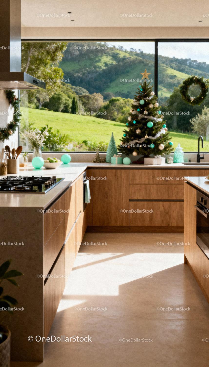 Cozy modern kitchen with Christmas decor and scenic view