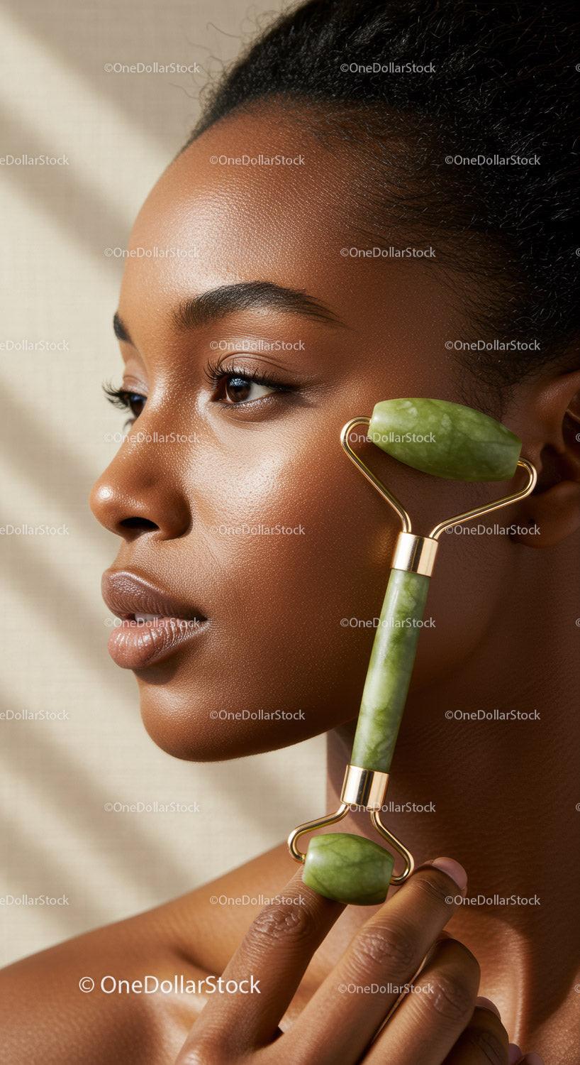 Young Woman Using Jade Roller for Facial Skin Care