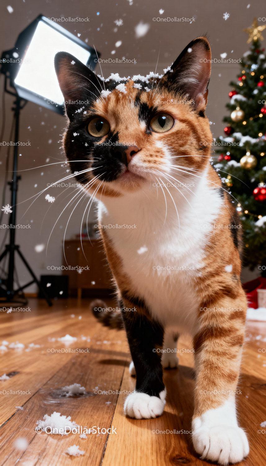 Curious calico cat exploring indoors with falling snow