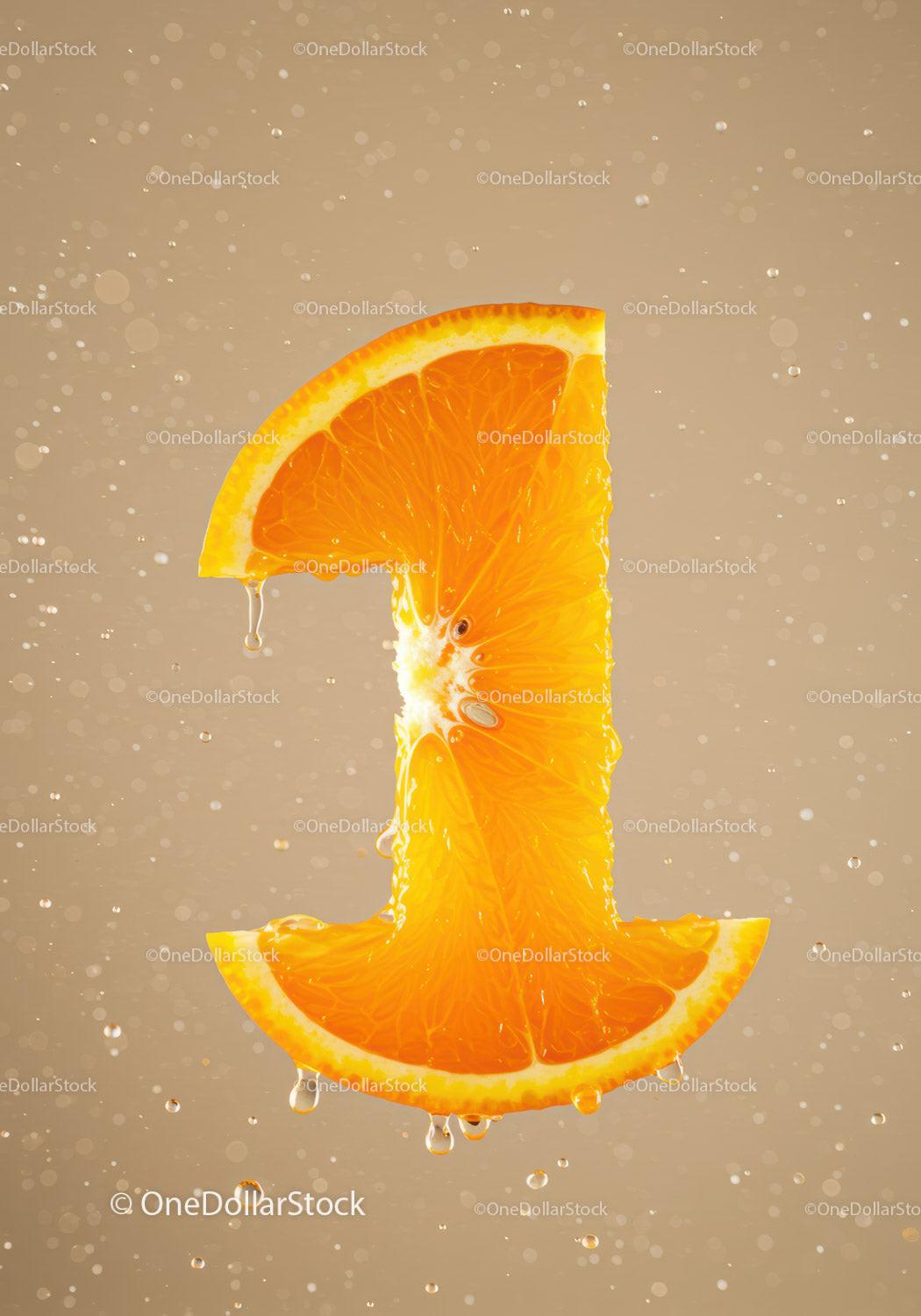 Fresh Orange Slice Shaped As Number One With Droplets