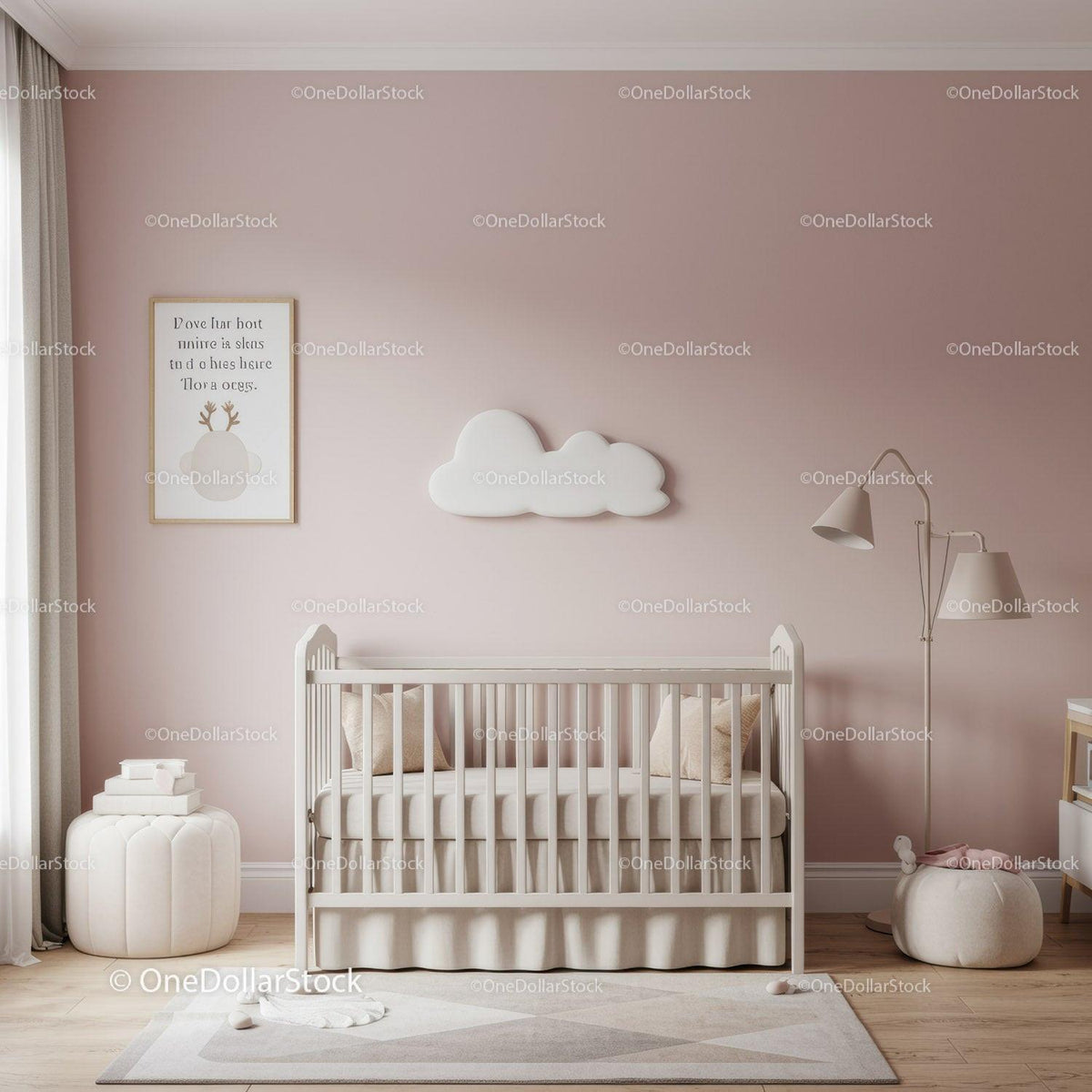 Cozy Baby Nursery with Pink Wall and Cloud Wall Art