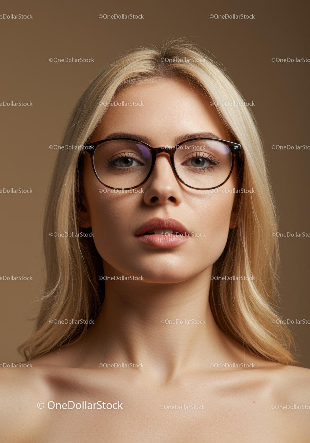 Elegant woman with blonde hair and stylish glasses in portrait