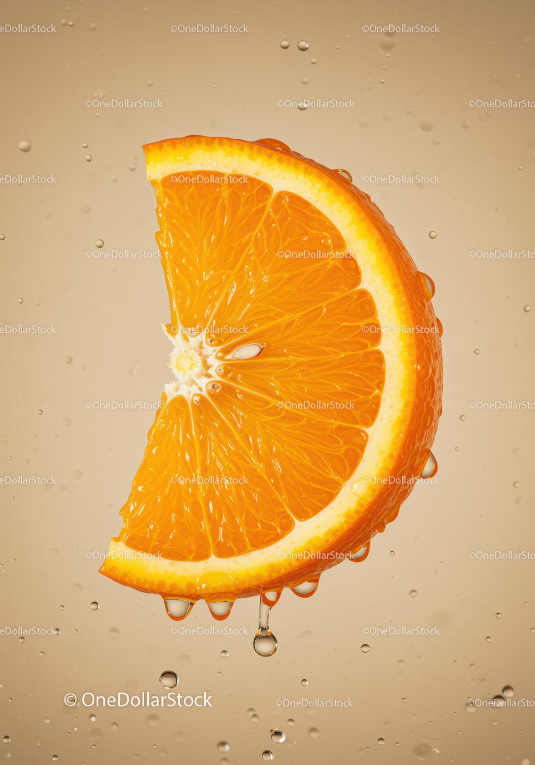 Fresh orange slice dripping with juice in water