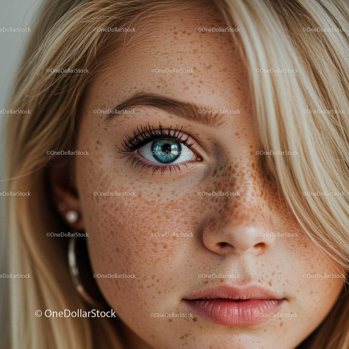 Close-up of young woman with blue eyes and freckles
