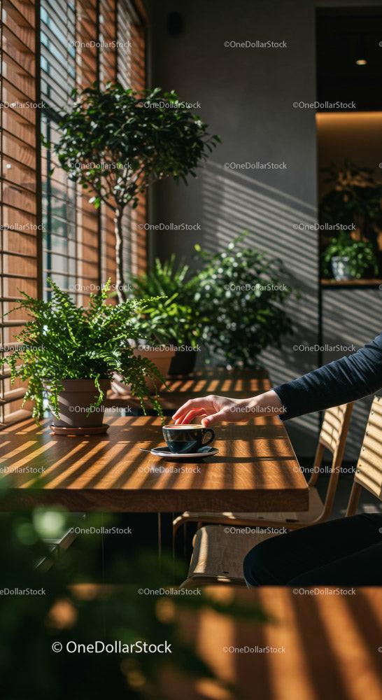 Hand Holding Coffee Cup in a Cozy Cafe Surrounded by Plants Stock Photo Bundle preview 7