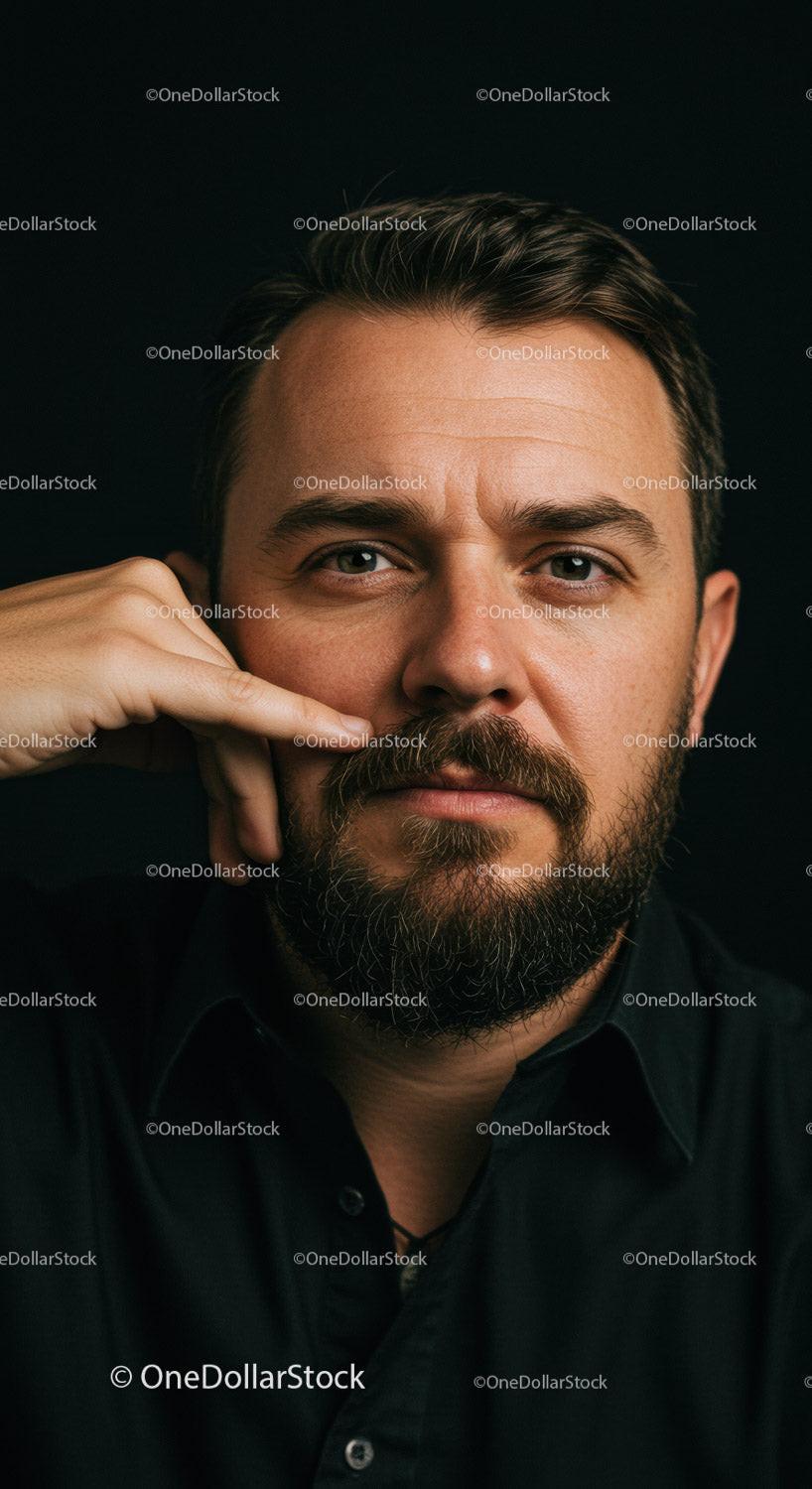 Thoughtful bearded man making phone gesture close up