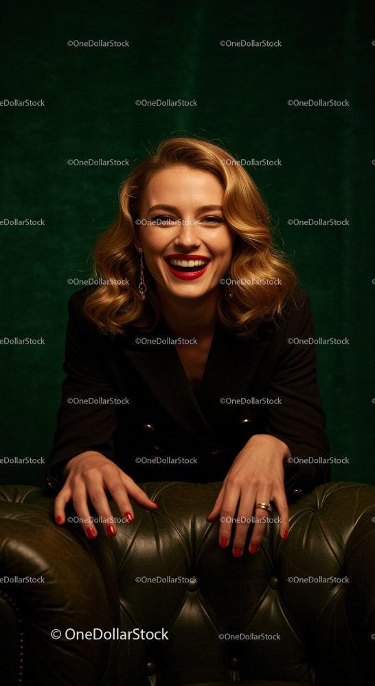 Confident Smiling Woman in Stylish Attire Sitting on Leather Sofa 21 JPG Files digital asset preview