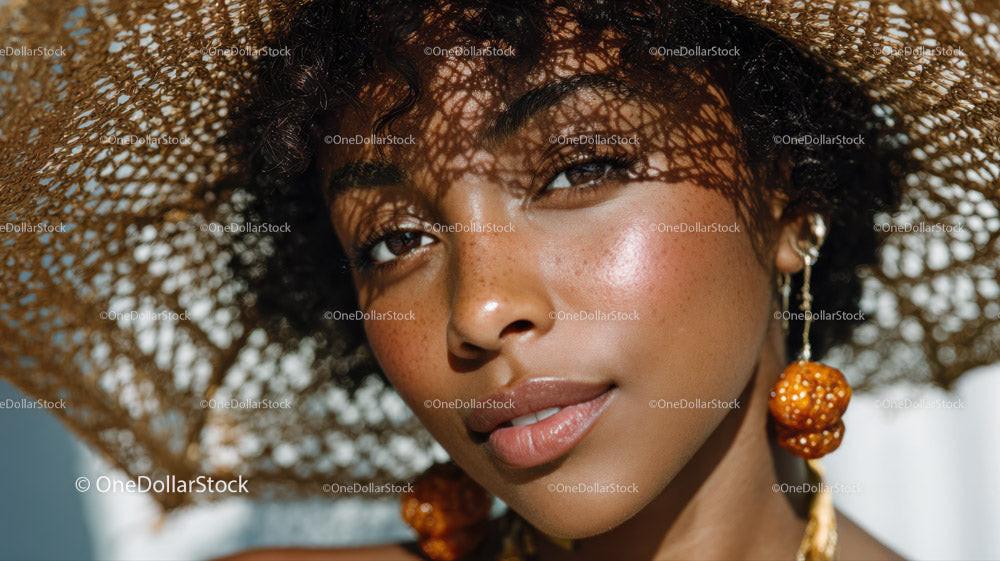 Close-up of a Smiling Woman Wearing a Straw Hat and Large Earrings