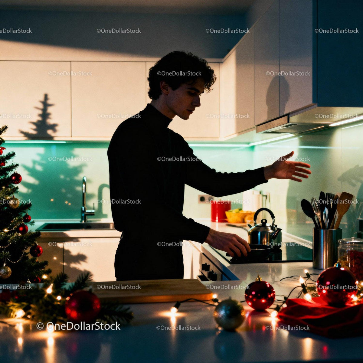Young man cooking in festive kitchen with Christmas decor