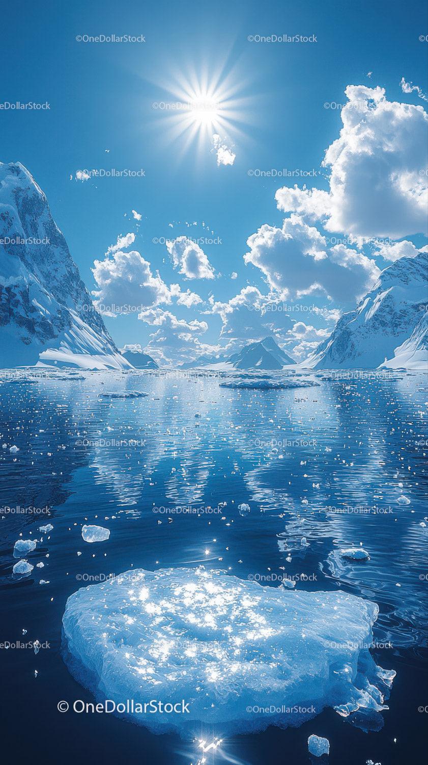 stock photo bundle made with Majestic Snowy Mountains and Glacial Fjord under Bright Sun Stock Photo Bundle