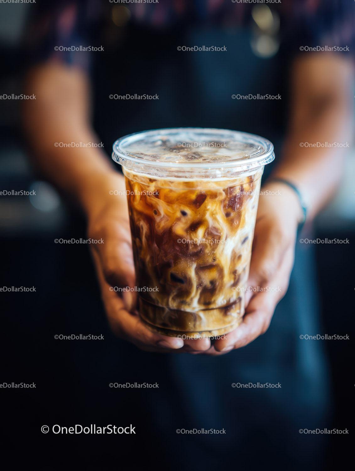 Iced Coffee in Clear Plastic Cup with Ice Cubes and Cream