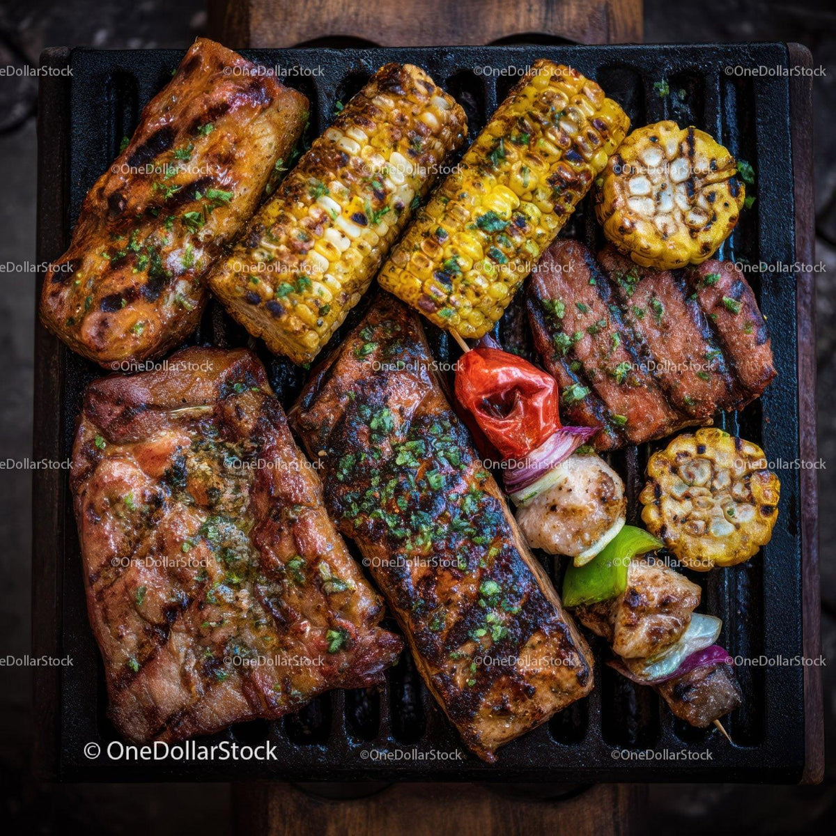 Assorted Grilled Corn and Meat Skewers on Barbecue Grill