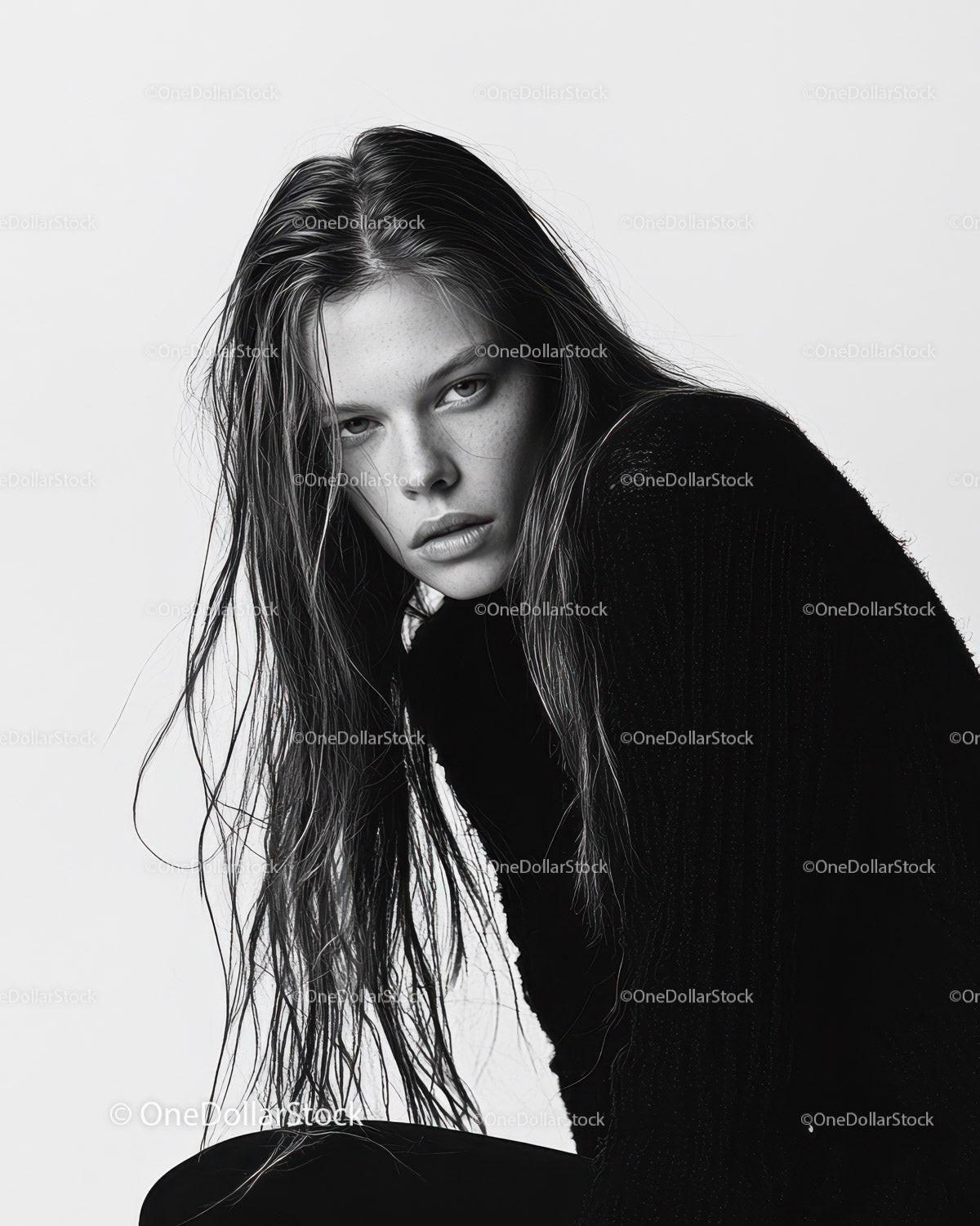 Portrait of a Young Woman with Wet Hair in Black and White Style