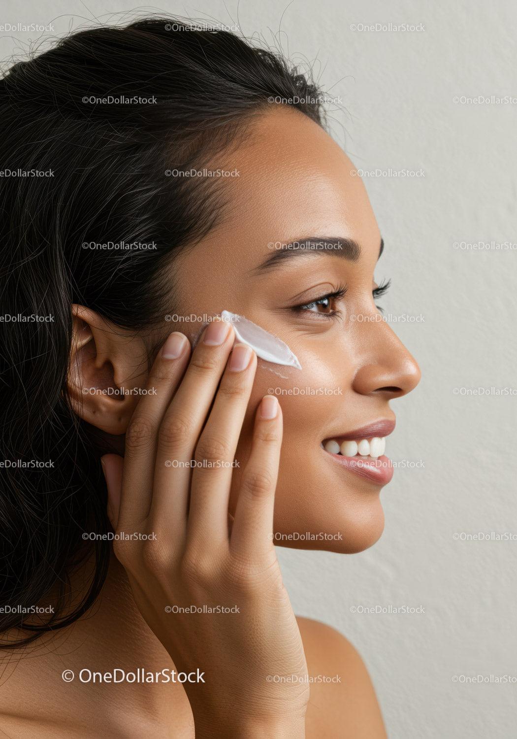 Portrait of a woman applying facial moisturizer demonstrating skincare routine