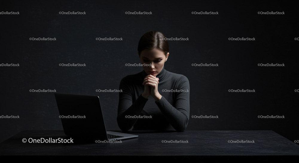 Thoughtful Woman at Laptop in Dark Modern Workspace Stock Photo Bundle preview 6