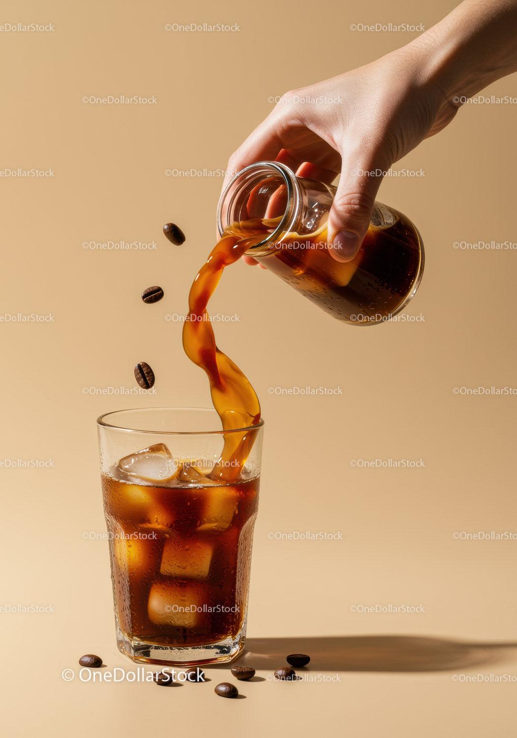Pouring Cold Brew Coffee Over Ice Cubes in Glass