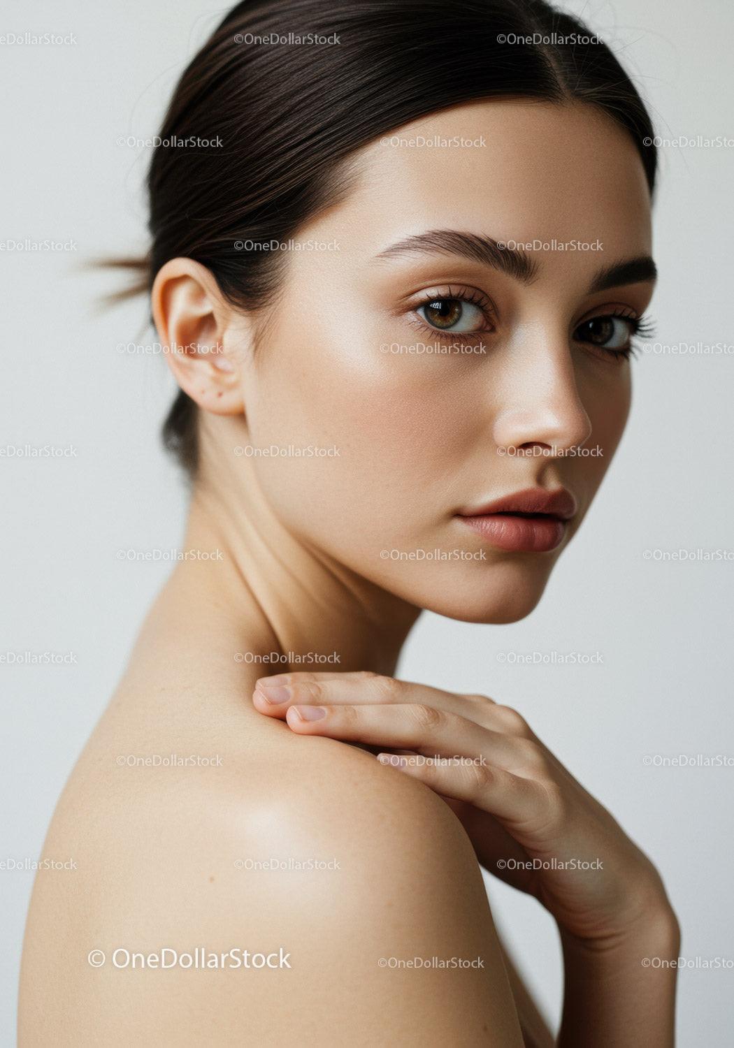 Elegant Portrait of a Young Woman with Clear Skin and Brown Eyes