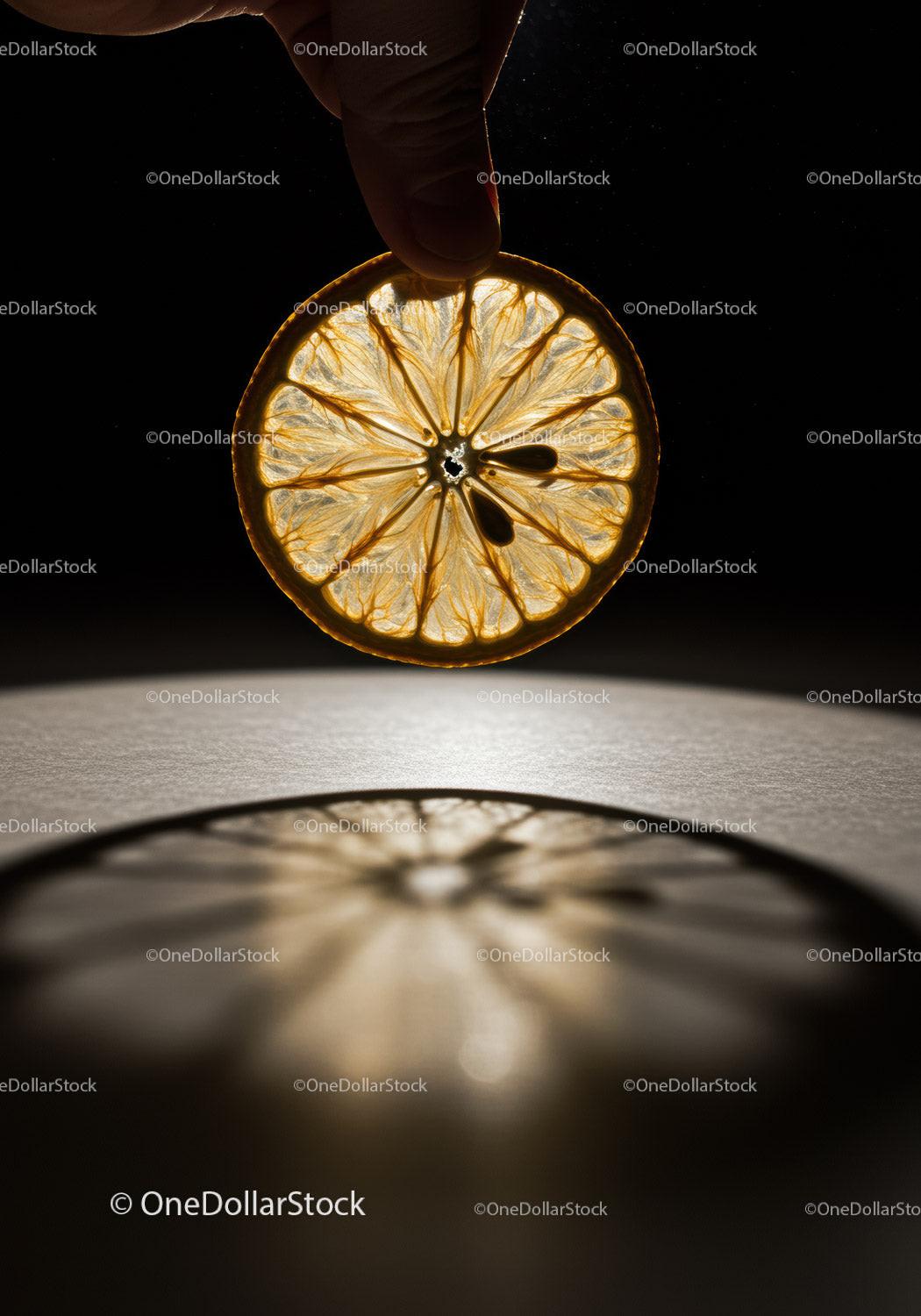 Hand Holding Translucent Lemon Slice Against Dark Background