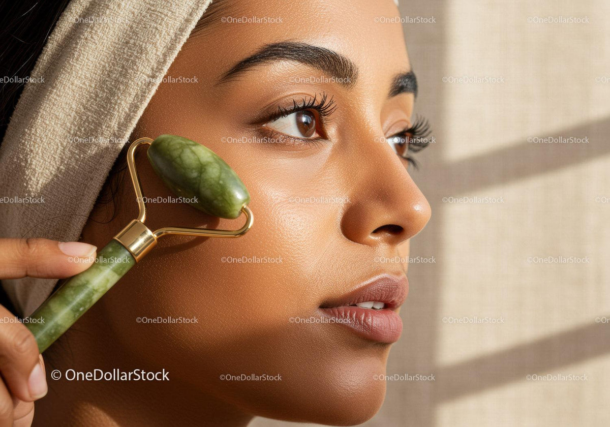 Close-Up of Woman Using Jade Roller for Facial Skin Rejuvenation