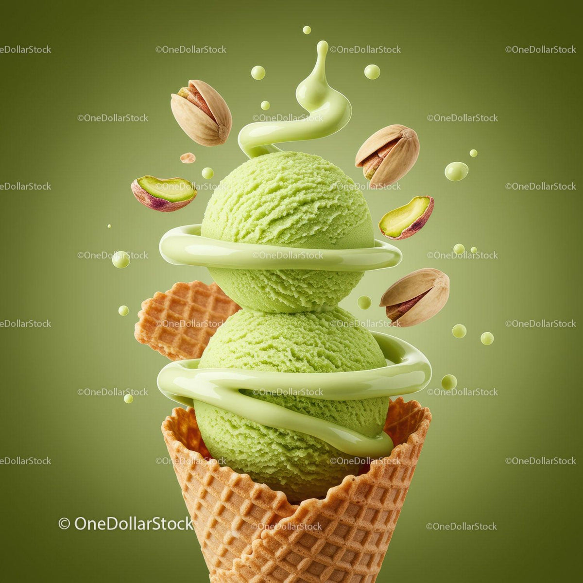 Double Scoop Pistachio Ice Cream in Waffle Cone with Sauce