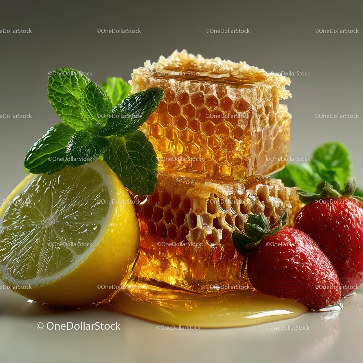 Fresh Honeycomb with Strawberries and Lime Garnish Stock Photo Bundle preview 13