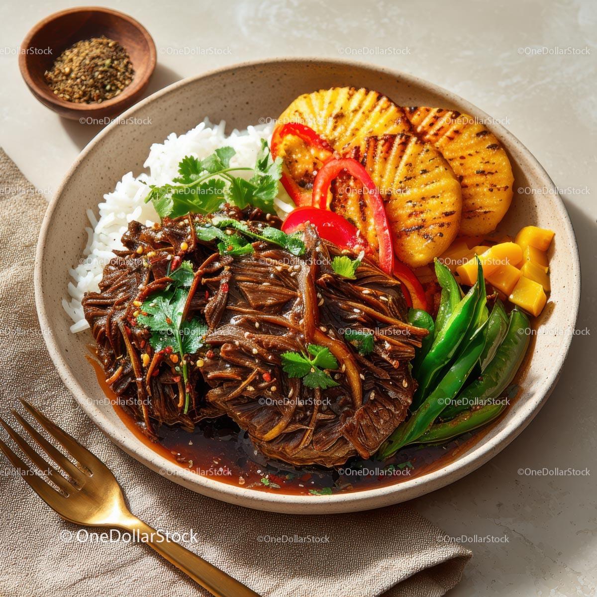 Savory Asian Dish with Rice, Vegetables, and Grilled Plantains Stock Photo Bundle preview 16