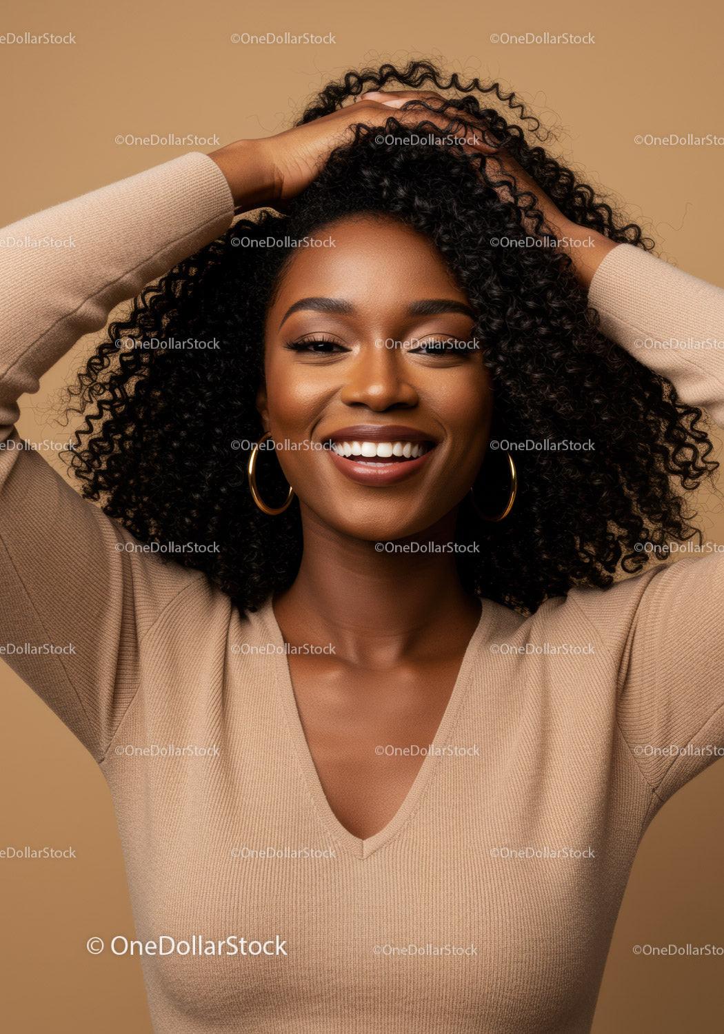 Elegant African American Woman with Curly Hair Smiling in Studio