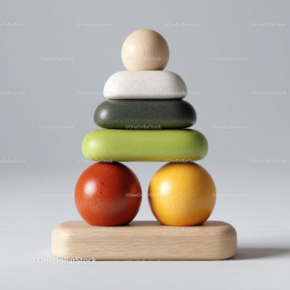 Colorful wooden stacking toy with rounded pieces balanced on wooden base