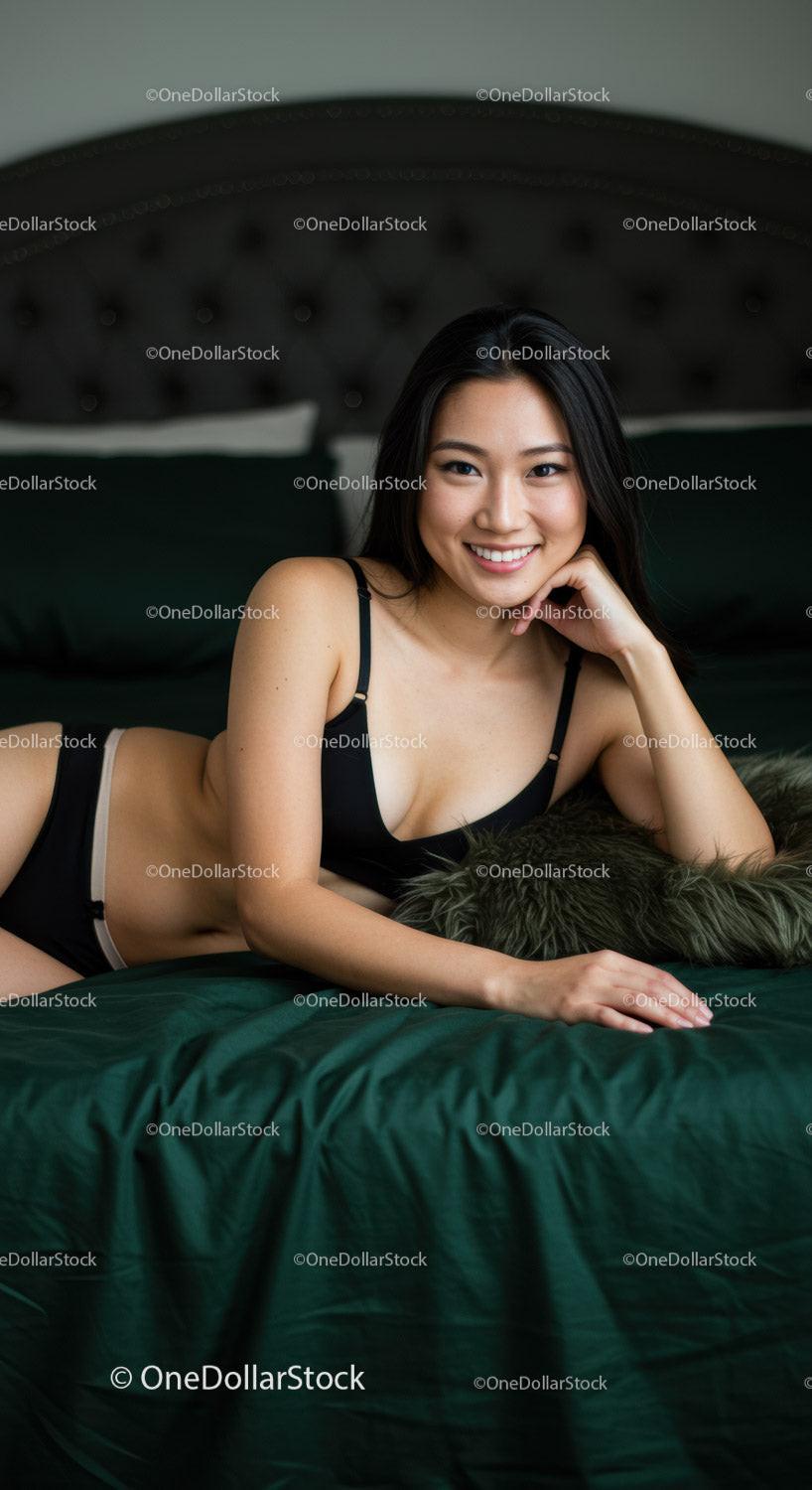 Smiling woman relaxing on dark green bed in lingerie