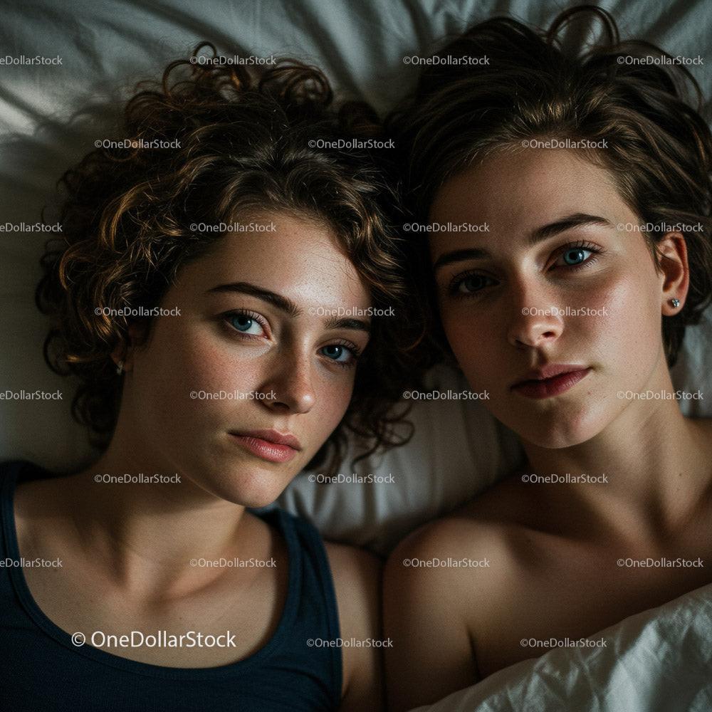 Two Young Women Relaxing Together in a Cozy Bedroom Setting Stock Photo Bundle preview 5