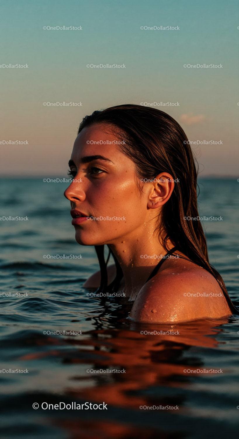stock photo bundle made with Woman Relaxing in the Ocean at Sunset with Warm Lighting Stock Photo Bundle