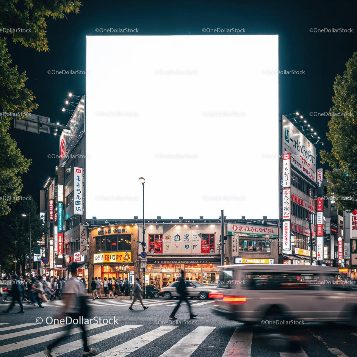 Busy urban crosswalk with illuminated city signs at night JPG Mockup Image preview