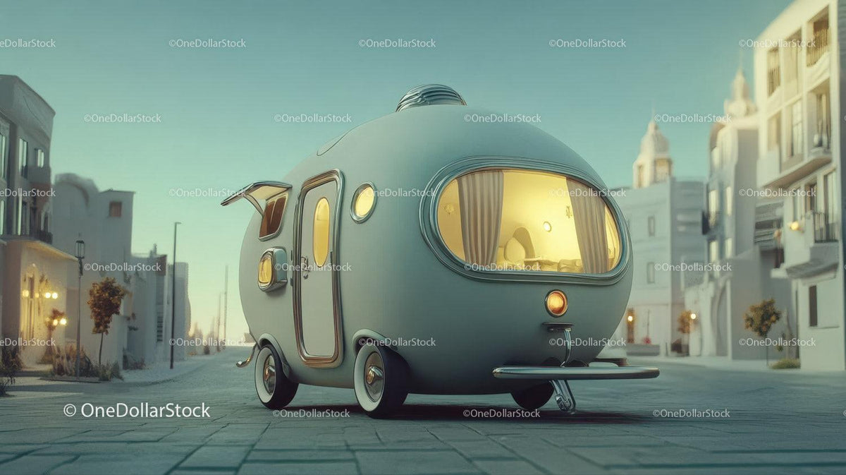 Compact teal camper trailer with oval window and warm interior light parked in urban area