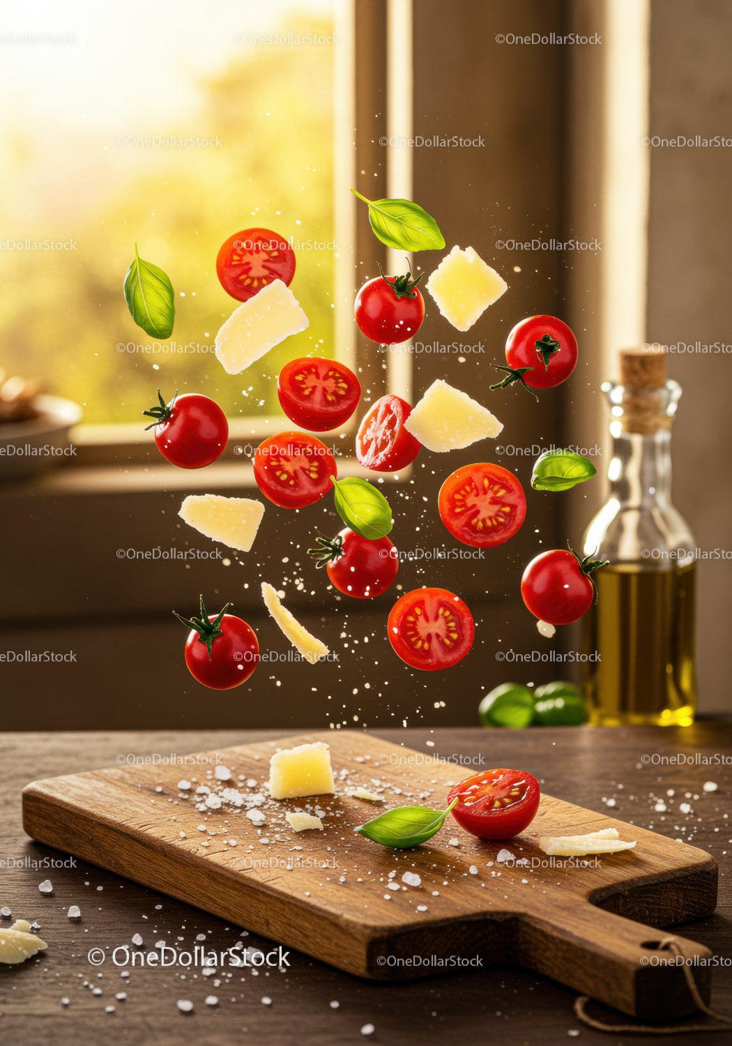 Fresh cherry tomatoes with basil and parmesan flying above board