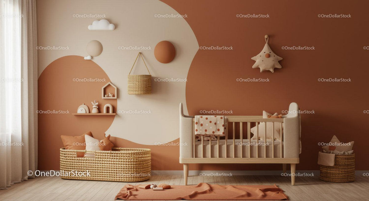 Modern Baby Nursery with Beige and Pink Accents Featuring Wooden Crib and Wall Art