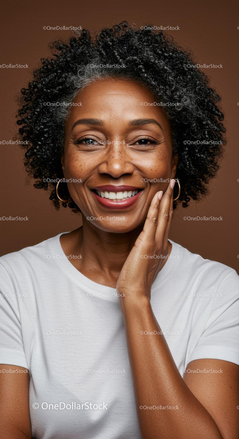 Elegant Elderly Woman with Curly Hair Showing Joyful Smile