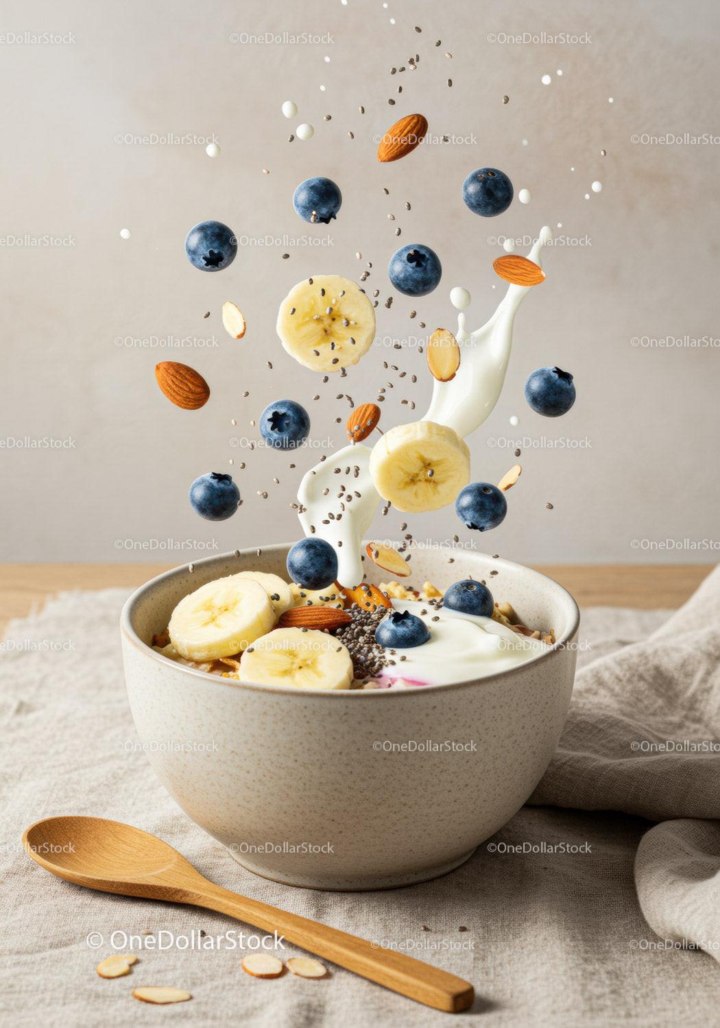 Healthy breakfast bowl with fresh fruit and yogurt splash
