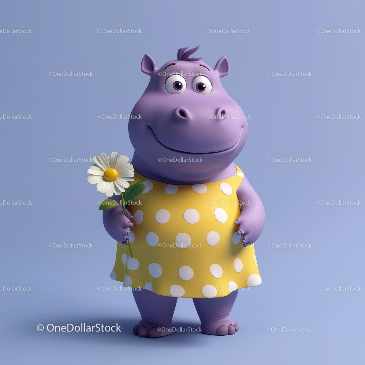 Cartoon purple hippo in yellow polka dot dress holding white daisy flower
