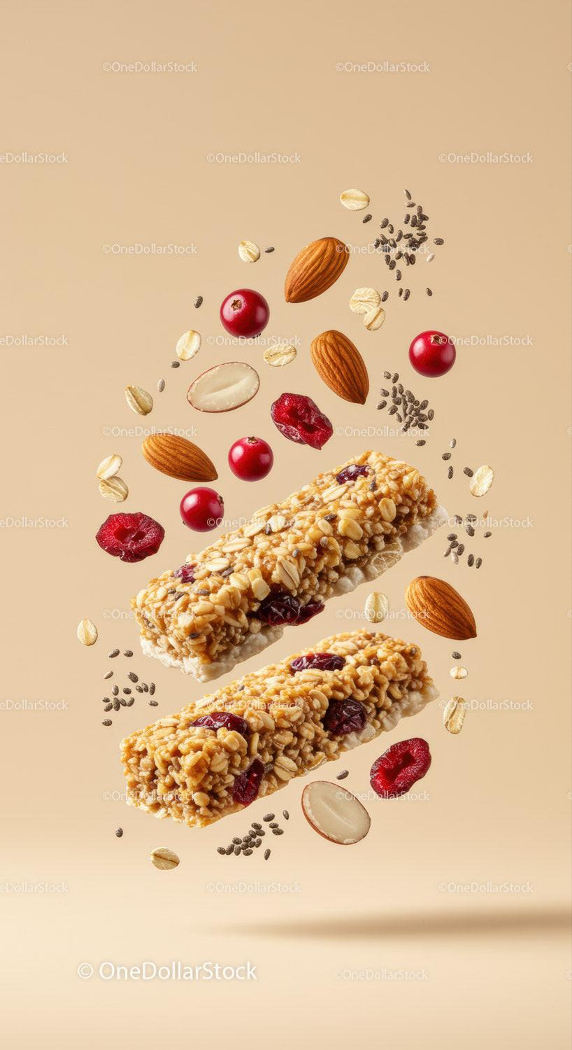 Granola bars with almonds and dried berries floating