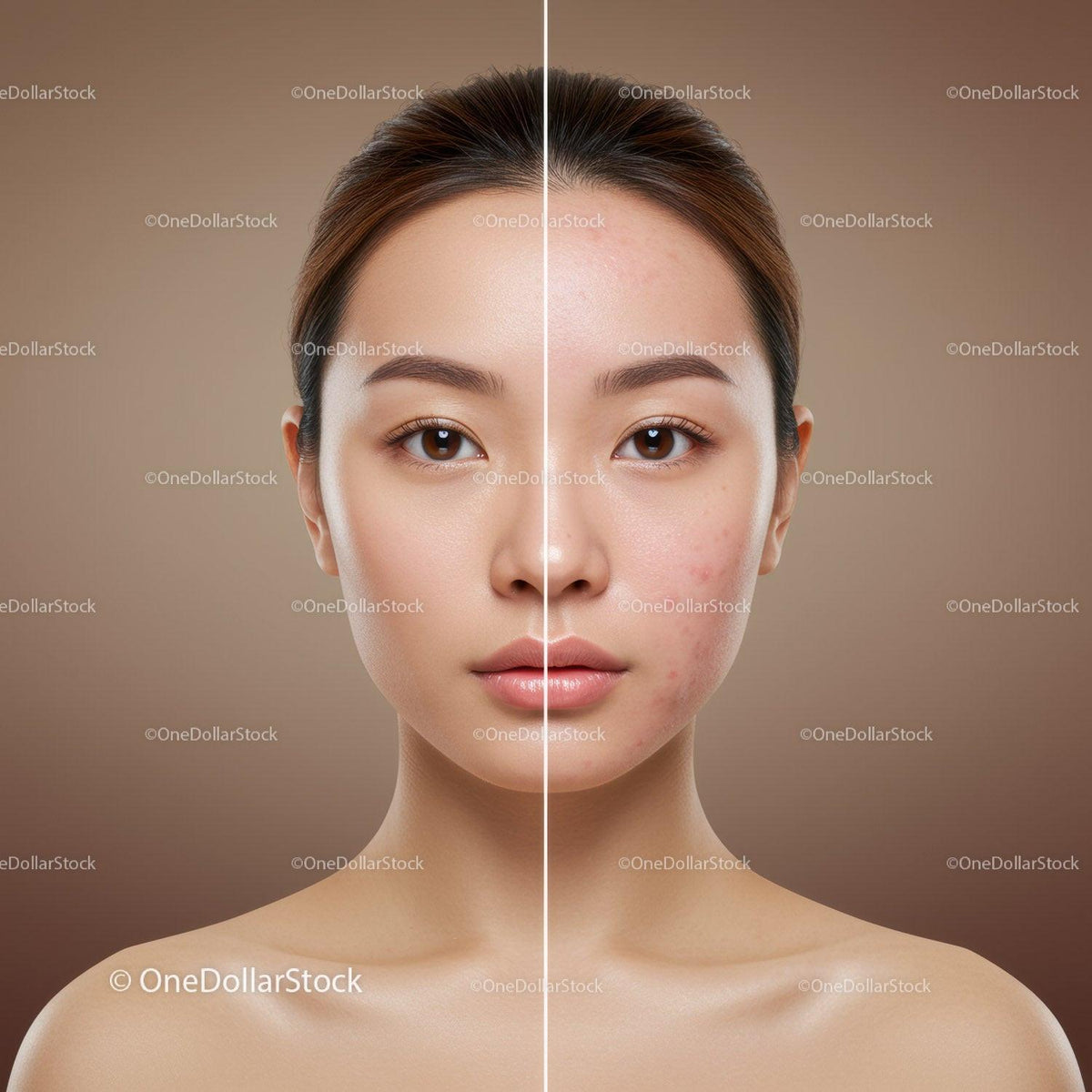 Portrait of a Woman with Clear Complexion and Acne Before and After Skincare