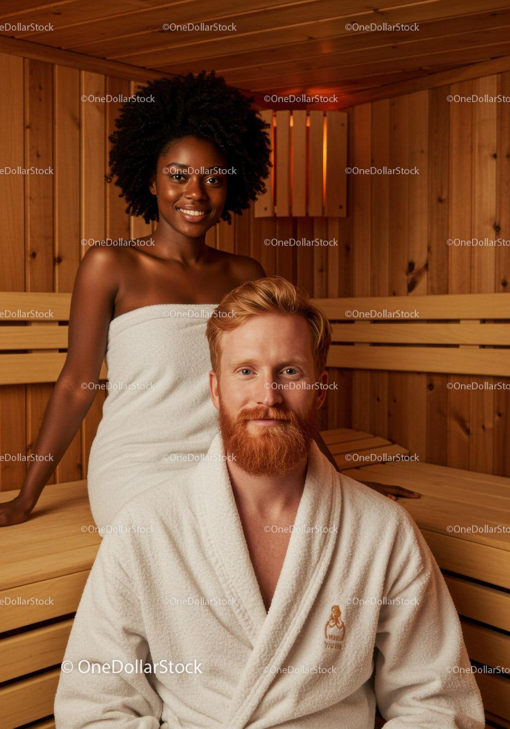 Happy Couple Enjoying Sauna Spa with Wooden Interior