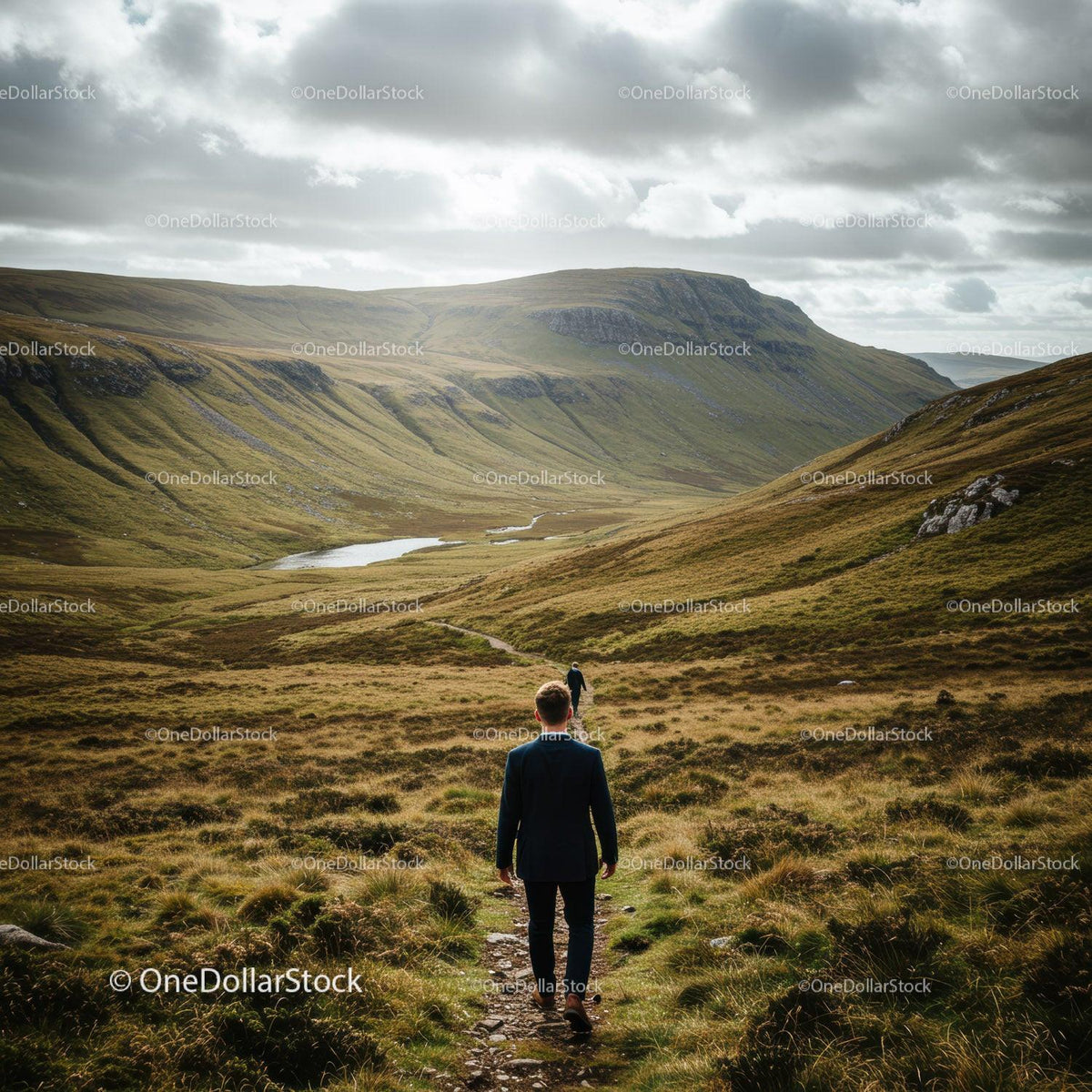 Majestic Green Mountain Landscape with Hiker on Scenic Path