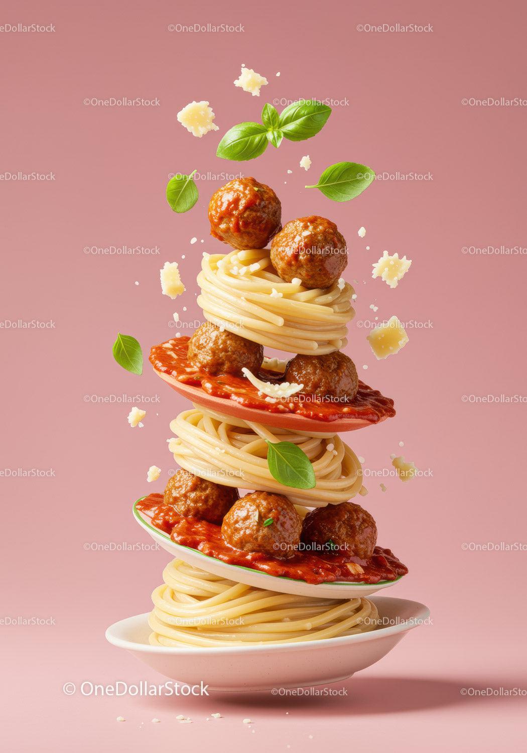 Floating spaghetti with meatballs and basil leaves